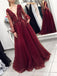 Sexy Backless Long Sleeves Burgundy Lace Long Evening Prom Dresses, Cheap Sweet 16 Dresses, 18444