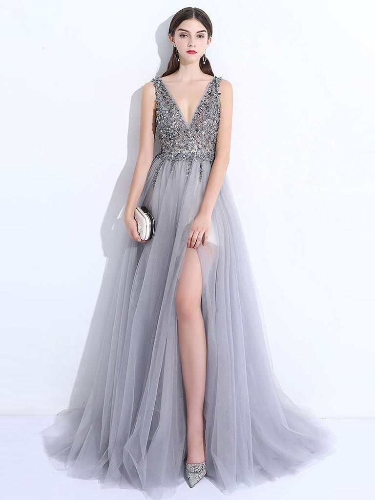 Sexy Backless See Through A line Beaded Gray Long Evening Prom Dresses, Popular Cheap Long Party Prom Dresses, 17265