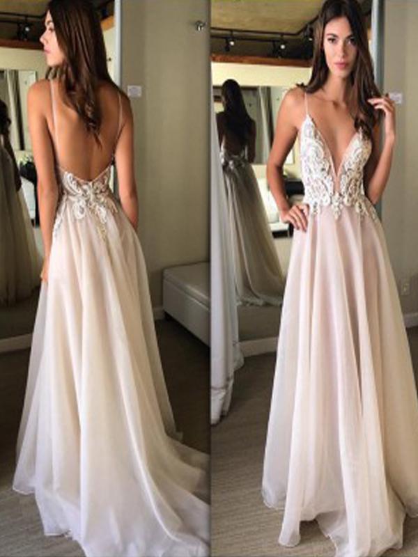 Sexy Backless Spaghetti Straps Lace Long Cheap Evening Prom Dresses, 17536