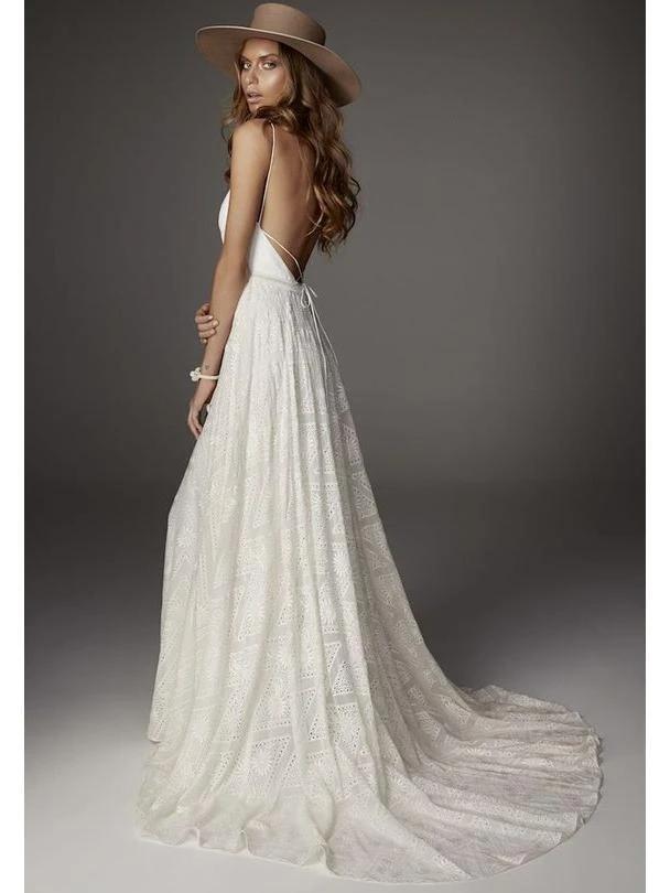 Sexy Backless Spaghetti Straps Lace Wedding Dresses Online, Cheap Bridal Dresses, WD643
