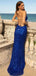 Sexy Blue Mermaid Spaghetti Straps High Slit Maxi Long Prom Dresses,13058