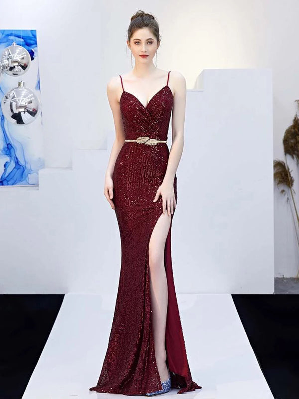 Sexy Burgundy Mermaid Spaghetti Straps V-neck High Slit Long Prom Dresses,12768