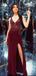 Sexy Burgundy Sheath V-neck High Slit Maxi Long Prom Dresses,Evening Dresses,12978