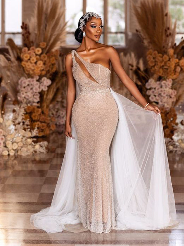 Sexy Champagne Mermaid One Shoulder Maxi Long Prom Dresses Online,13072