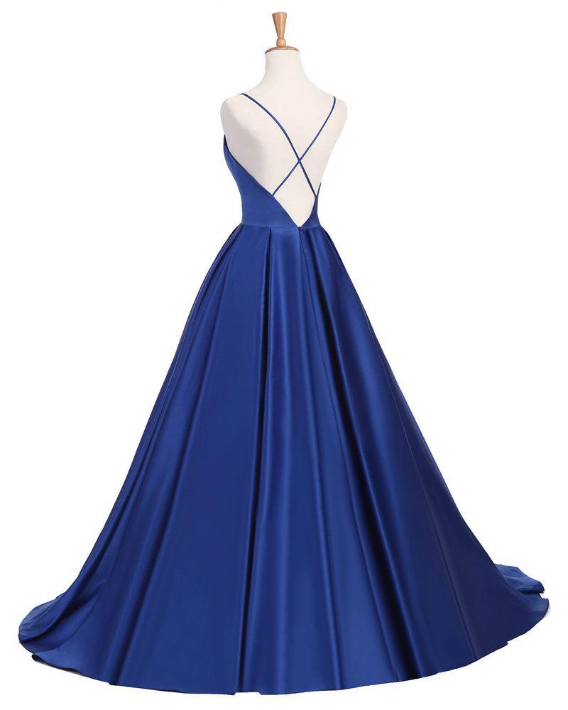 Sexy Cross Back Deep V Neckline A line Blue Long Evening Prom Dresses, Popular Cheap Long Party Prom Dresses, 17232