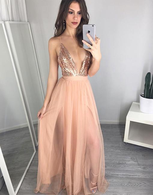 Sexy Deep V Neckline Backless Gold Sequin Long Evening Prom Dresses, Popular Cheap Long Party Prom Dresses, 17273