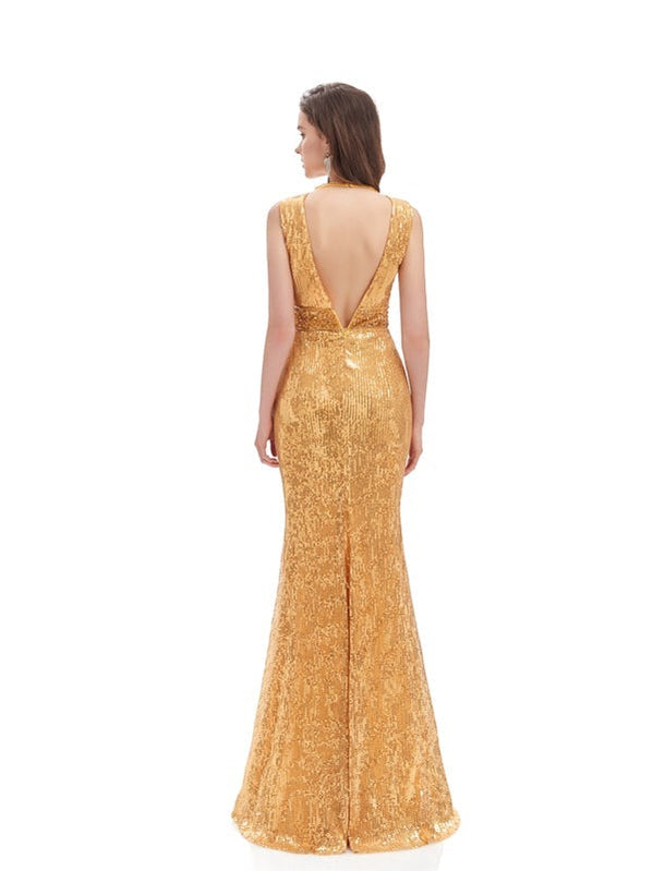 Sexy Gold Mermaid Sleeveless V-neck Backless Long Prom Dresses Online,12582