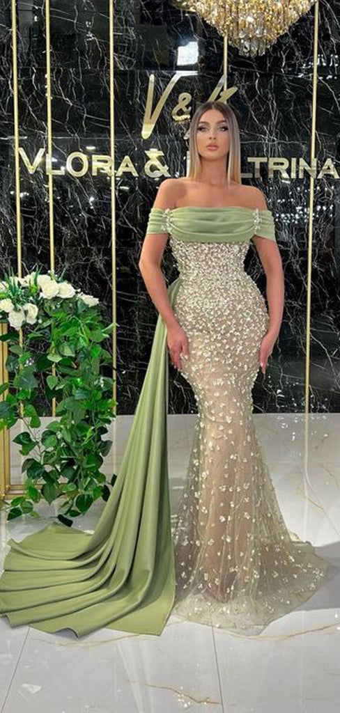 Sexy Green Mermaid Off Shoulder Maxi Long Prom Dresses,Evening Dresses,12948