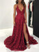 Sexy Lace V Neck Side Slit A-line Long Evening Prom Dresses, 17711