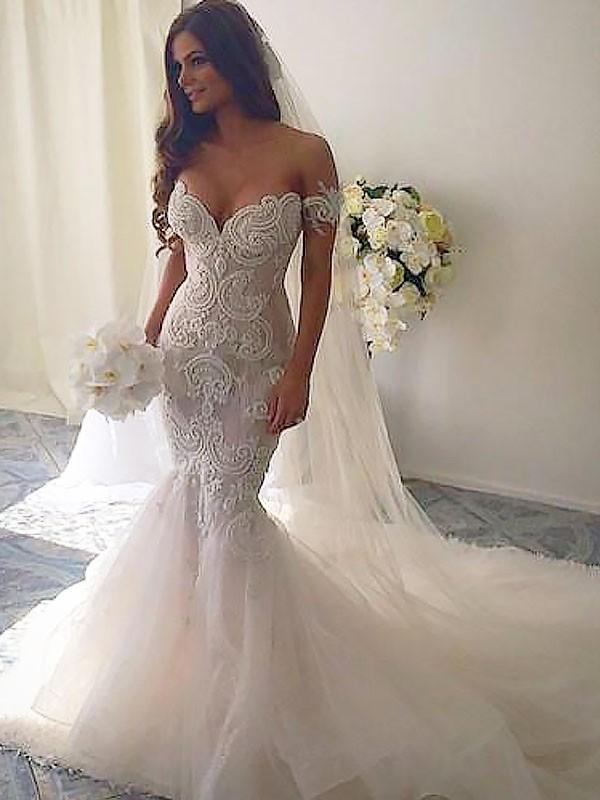 Sexy Off Shoulder Backless Lace Mermaid Wedding Dresses Online, WD420