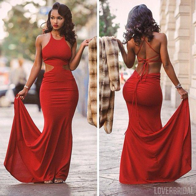 Sexy Red Backless Simple Mermaid Open Back Cheap Long Prom Dress, WG208