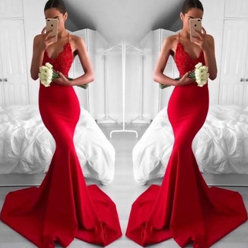 Sexy Red Mermaid Lace Evening Prom Dresses, Popular Bright Red Party Prom Dresses, Custom Long Prom Dresses, Cheap Formal Prom Dresses, 17197