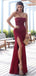 Sexy Red Mermaid Spaghetti Straps Side Slit Cheap Long Prom Dresses,12785