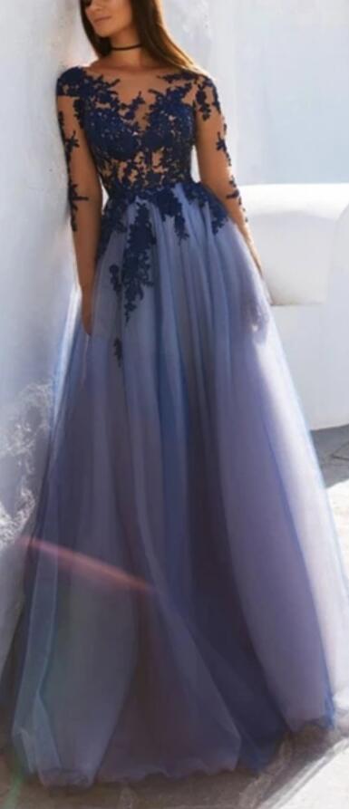 Sexy See Through Blue Lace Long Sleeve Open Back Custom Long Evening Prom Dresses, 17482