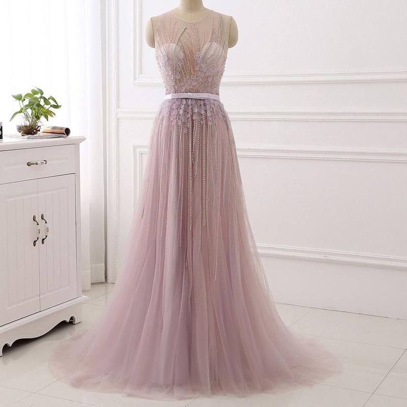Sexy See Through Dusty Pink Lace Beaded Evening Prom Dresses, Popular Unique Party Prom Dress, Custom Long Prom Dresses, Cheap Formal Prom Dresses, 18000