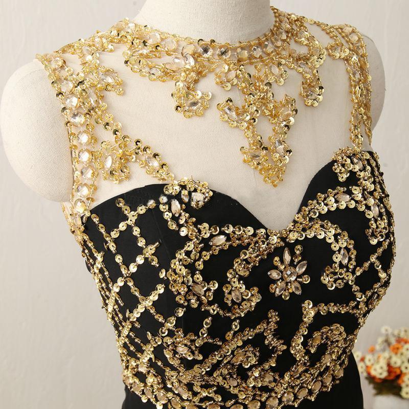 Sexy See Through Gold Heavily Beaded Black Evening Prom Dresses, Popular Party Prom Dresses, Custom Long Prom Dresses, Cheap Formal Prom Dresses, 17203