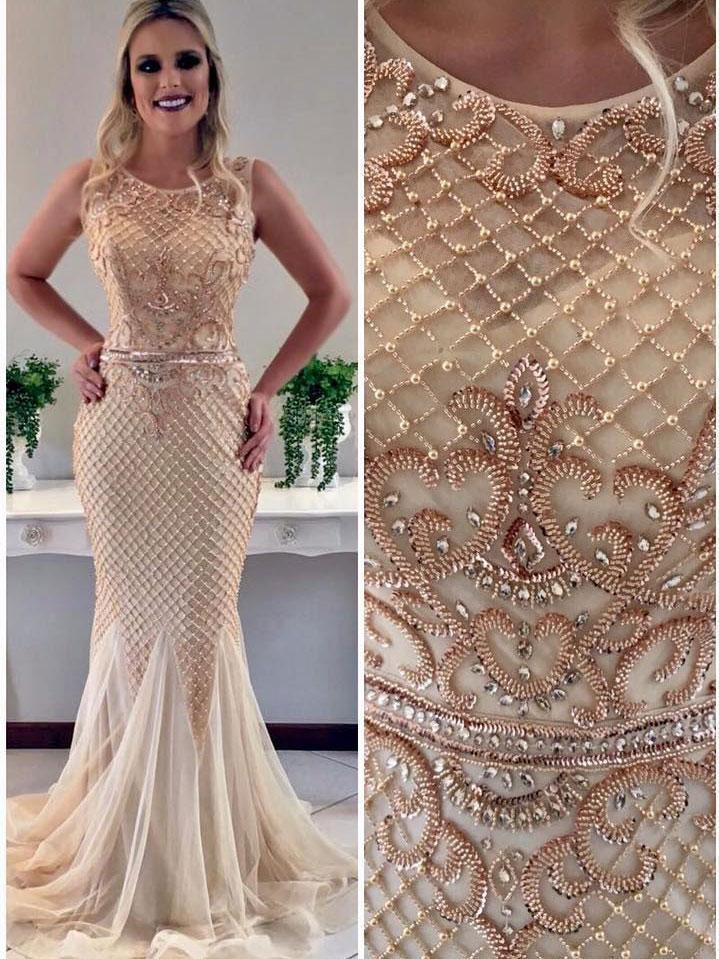 Sexy See Through Heavily Beaded Scoop Neckline Mermaid Long Evening Prom Dresses, Popular Cheap Long Party Prom Dresses, 17260