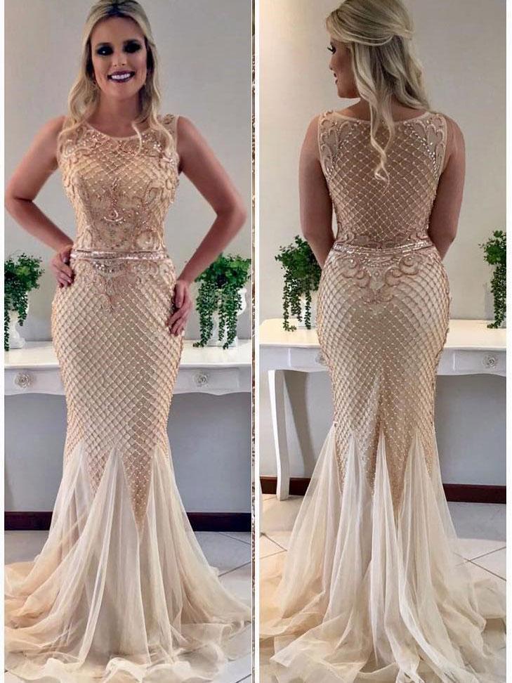 Sexy See Through Heavily Beaded Scoop Neckline Mermaid Long Evening Prom Dresses, Popular Cheap Long Party Prom Dresses, 17260