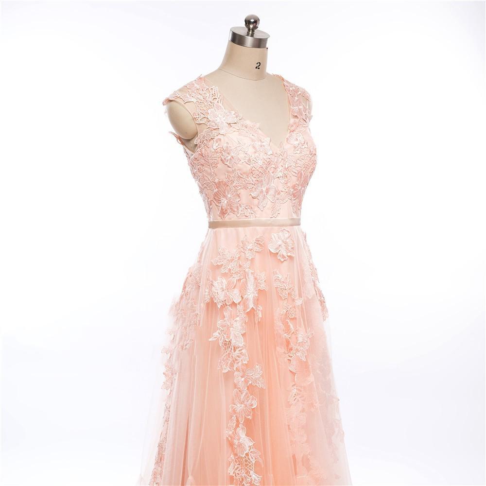 Sexy See Through V Neckline Peach Long Evening Prom Dresses, Popular Cheap Long Party Prom Dresses, 17224