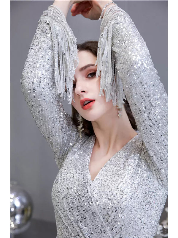 Sexy Silver Mermaid Long Sleeves V-neck Cheap Prom Dresses Online,12758