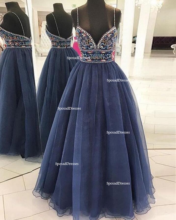 Sexy Spaghetti Backless Navy A line Long Evening Prom Dresses, Popular Cheap Long Party Prom Dresses, 17277