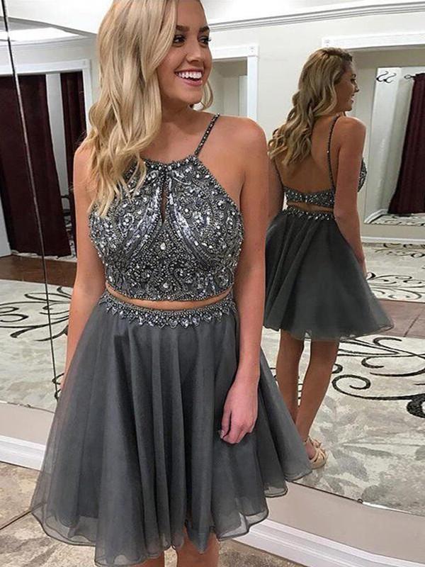 Sexy Two Pieces Beaded Grey Cheap Homecoming Dresses Online, CM714