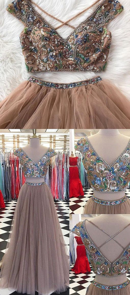 Sexy Two Pieces Cap Sleeve Heavily Beaded Long Evening Prom Dresses, Popular Cheap Long Party Prom Dresses, 17247