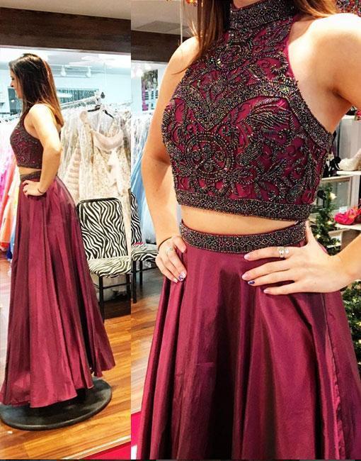 Sexy Two Pieces Dark Red Heavily Beaded Long Evening Prom Dresses, Popular Cheap Long Party Prom Dresses, 17269