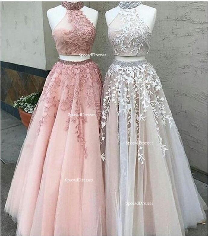 Sexy Two Pieces Halter Lace A line Long Evening Prom Dresses, Popular Cheap Long Party Prom Dresses, 17281