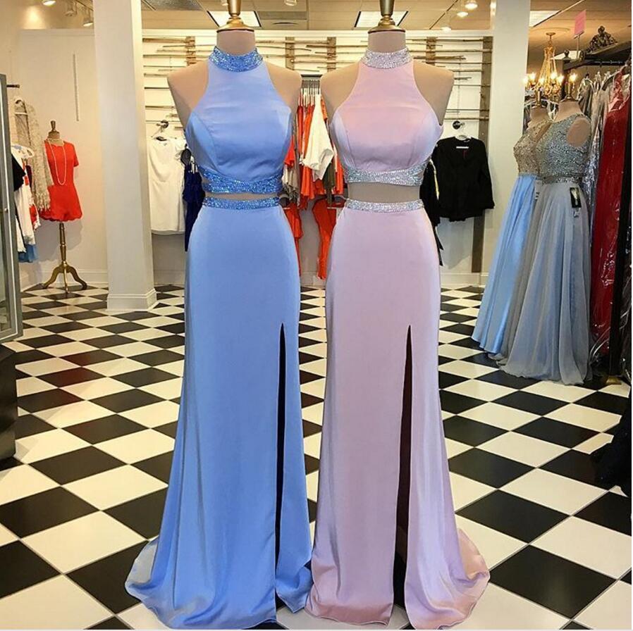 Sexy Two Pieces Side Slit Halter Long Evening Prom Dresses, Popular Cheap Long Party Prom Dresses, 17287