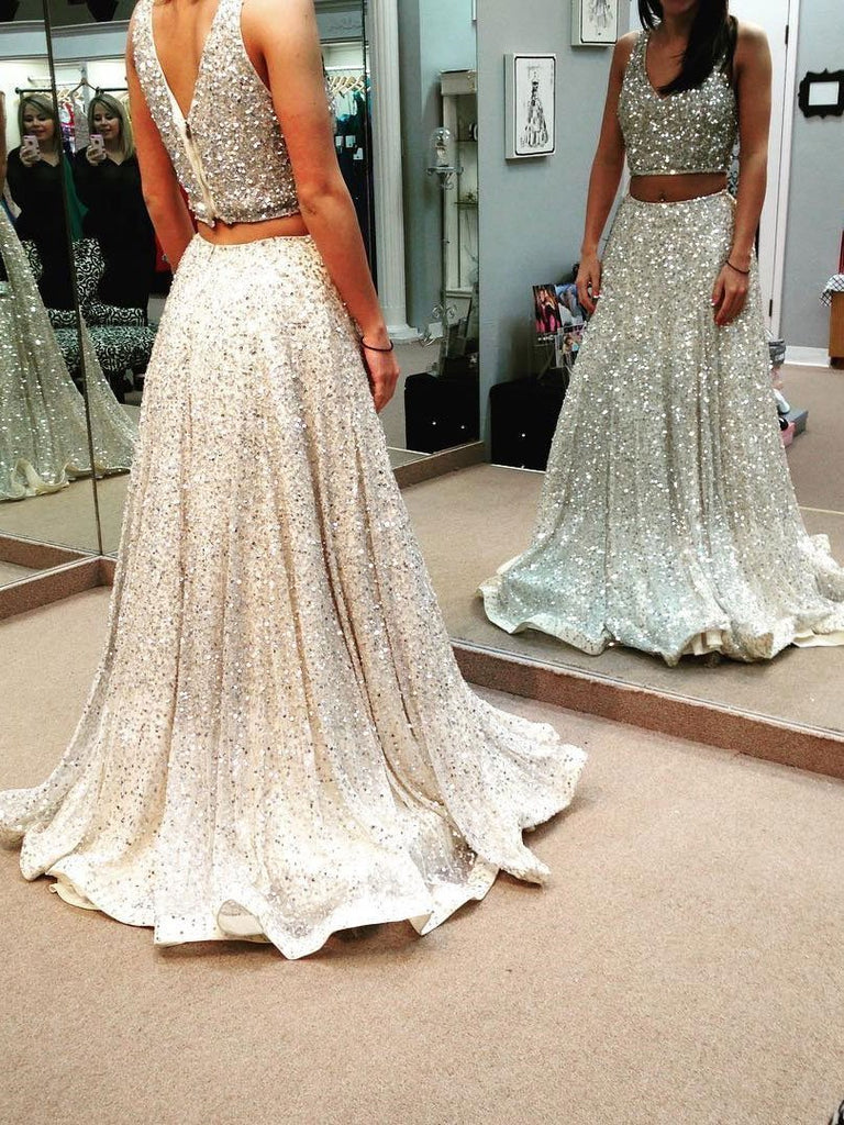 Sexy Two Pieces Sparkly Mermaid Sequin Evening Prom Dress, Popular Sexy Party Prom Dresses, Custom Long Prom Dresses, Cheap Formal Prom Dresses, 17149