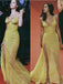Sexy Yellow Mermaid Spaghetti Straps High Slit Maxi Long Prom Dresses,13069