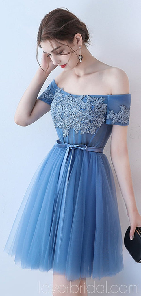 Short Sleeves Off Shoulder Blue Lace Cheap Homecoming Dresses Online, Cheap Short Prom Dresses, CM781