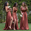 Simple A-line Chocolate V-neck High Slit Cheap Long Bridesmaid Dresses Online,WG982