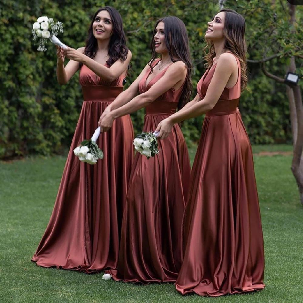 Simple A-line Chocolate V-neck High Slit Cheap Long Bridesmaid Dresses Online,WG982