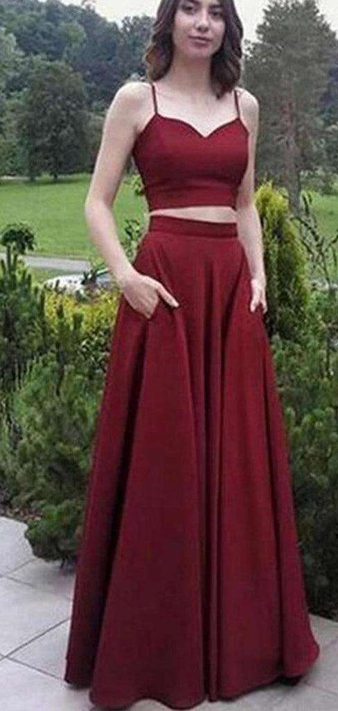 Simple A-line Two Pieces Burgundy Spaghetti Straps Long Prom Dresses Online,12427