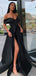 Simple Black A-Line V-neck Off Shoulder High Slit Long Prom Dresses Online,12446