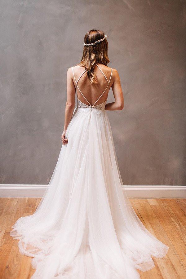 Simple Long A-Line Backless Wedding Dresses, Tulle Wedding Party Dresses, WD0013