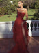 Simple Red A-line Strapless High Slit Maxi Long Prom Dresses,13020