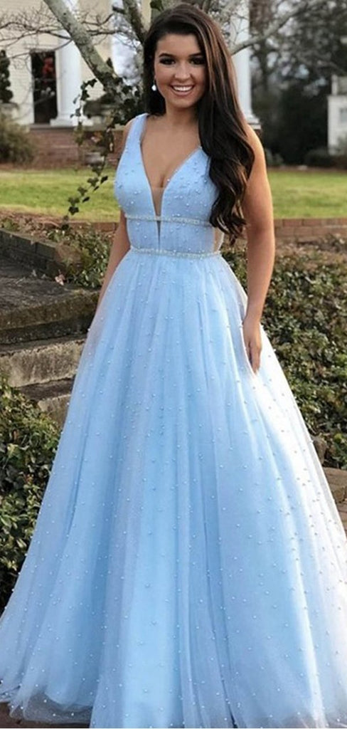 Sky Blue A-line Straps V-neck Long Prom Dresses Online, Dance Dresses,12418