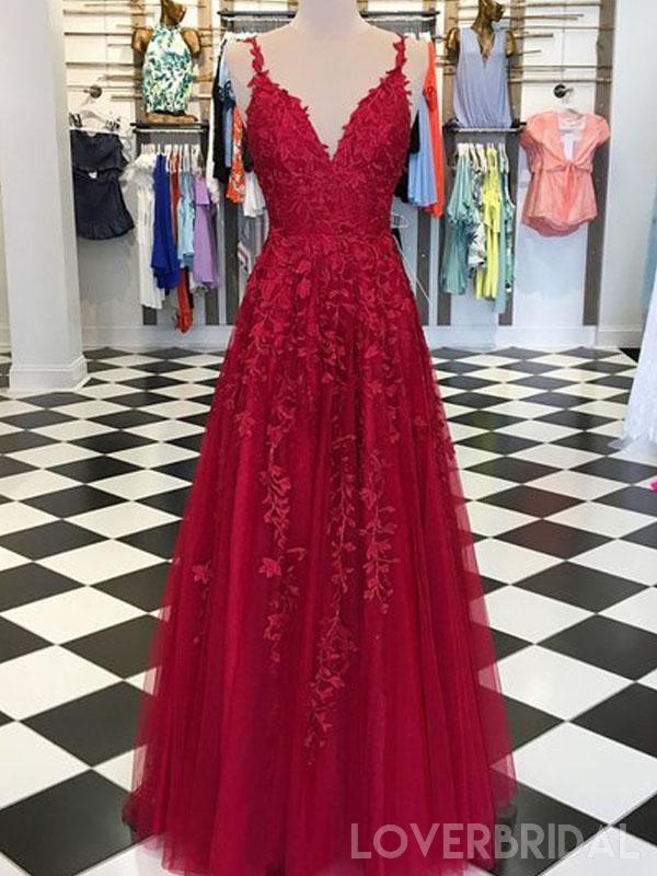 Spaghetti Straps Lace Dark Red Cheap Long Evening Prom Dresses, Cheap Custom Sweet 16 Dresses, 18511