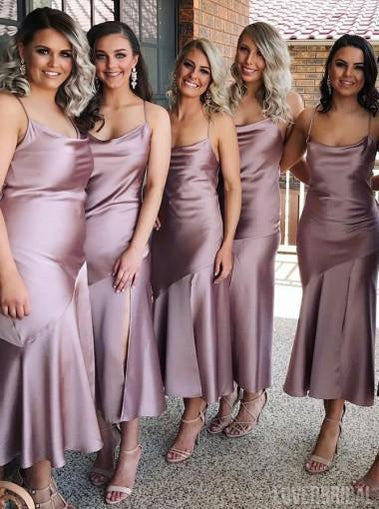Spahgetti Straps Dusty Purple Tea Length Cheap Custom Bridesmaid Dresses Online, WG270
