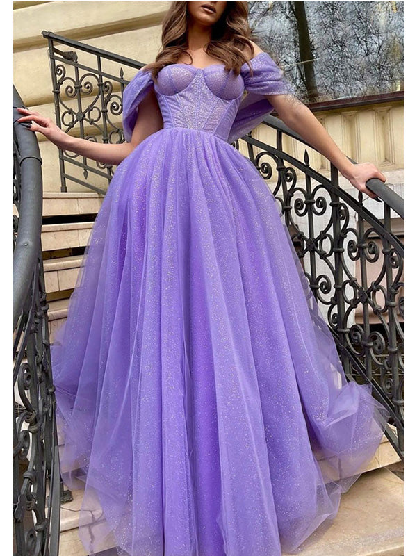 Sparkly A-line Off Shoulder Side Slit Maxi Long Prom Dresses Online,13041