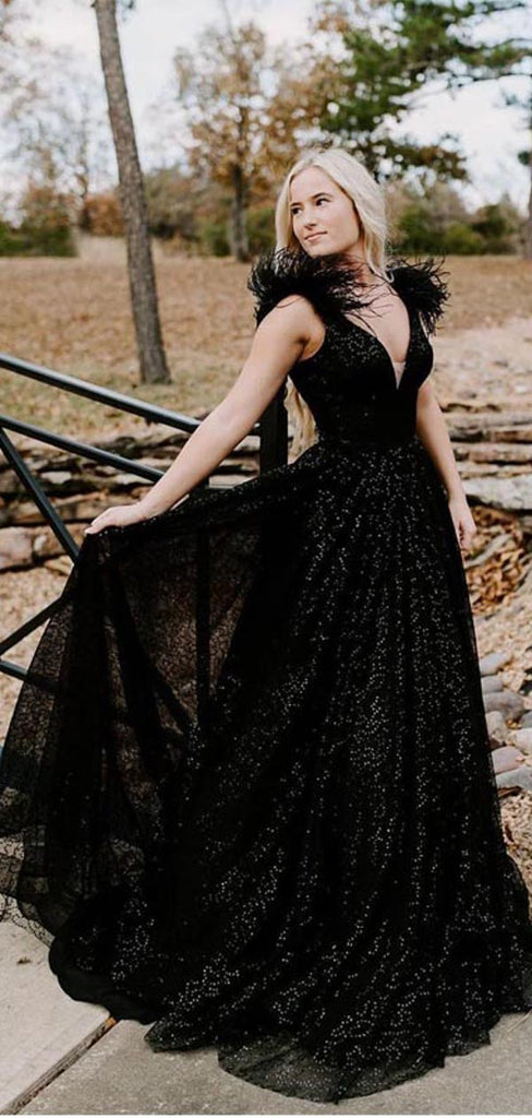 Sparkly Black A-line V-neck Maxi Long Party Prom Dresses Online,13084