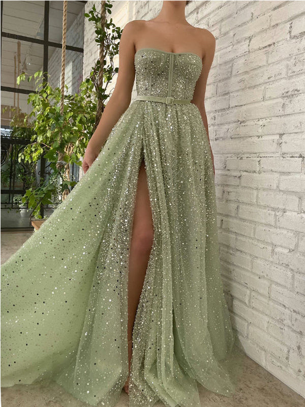 Sparkly Green A-line Sweetheart High Slit Maxi Long Prom Dresses,Evening Dresses,12961