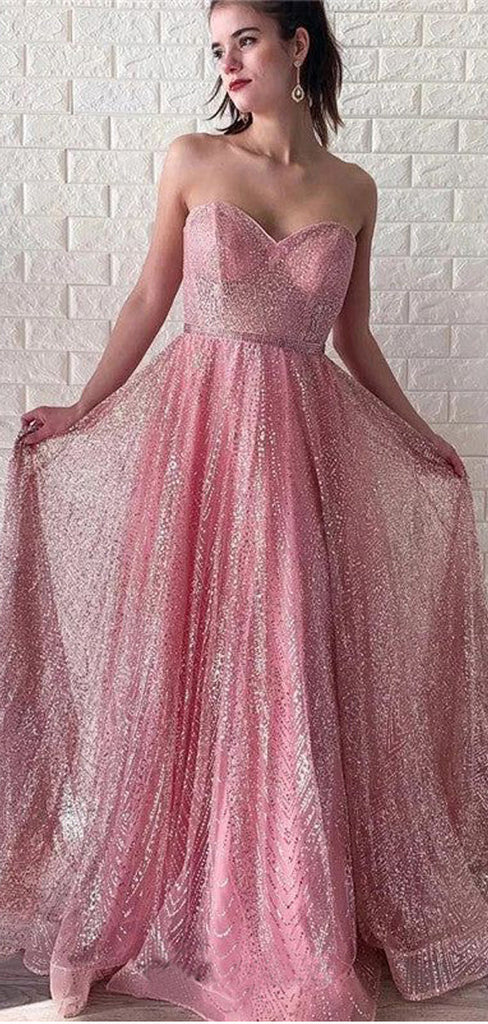 Sparkly Pink A-line Sweetheart Maxi Long Prom Dresses Online,13049