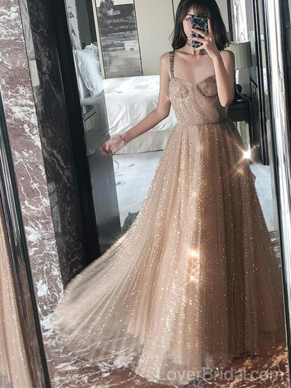 Straps Sparkly Gold A-line Long Evening Prom Dresses, Cheap Custom Sweet 16 Dresses, 18569
