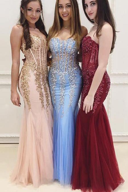 Sweetheart See Through Lace Mermaid Long Evening Prom Dresses, 17483