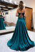 Teal Spaghetti Straps A-line High Slit Cheap Long Prom Dresses,12878