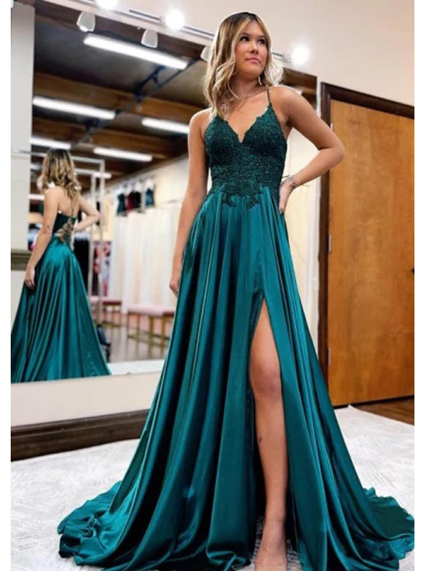 Teal Spaghetti Straps A-line High Slit Cheap Long Prom Dresses,12878